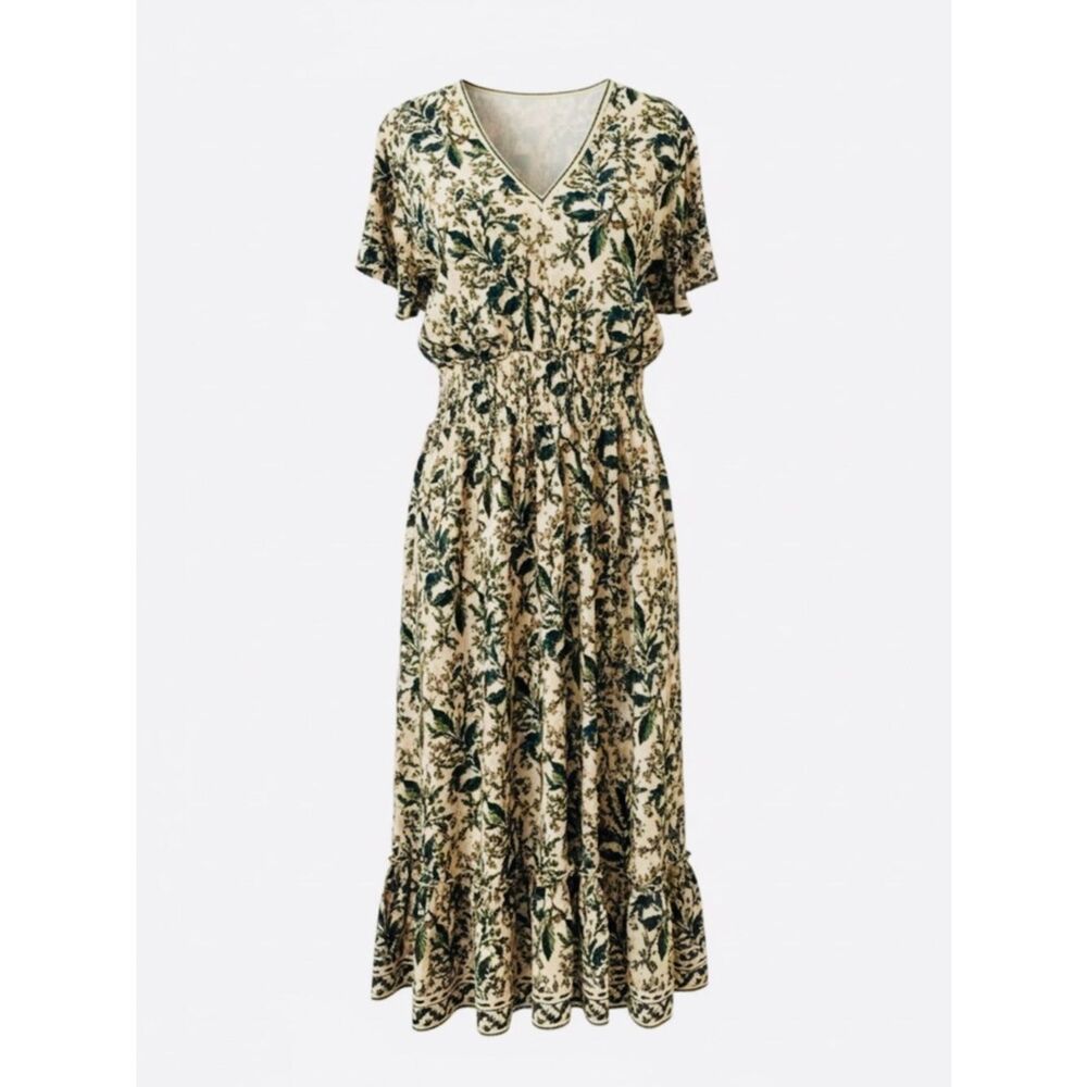 Max Studio Christmas Floral V-Neck Midi Dress
Floral print bright green and red